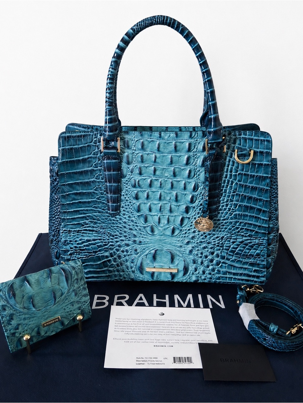 Brahmin Teal Croc-Embossed Leather Small Finley with small Veronica